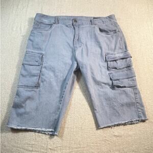 Smoke Rise Men’s 38 Blue Dusty Utility Cargo Denim Shorts Raw Hem Streetwear